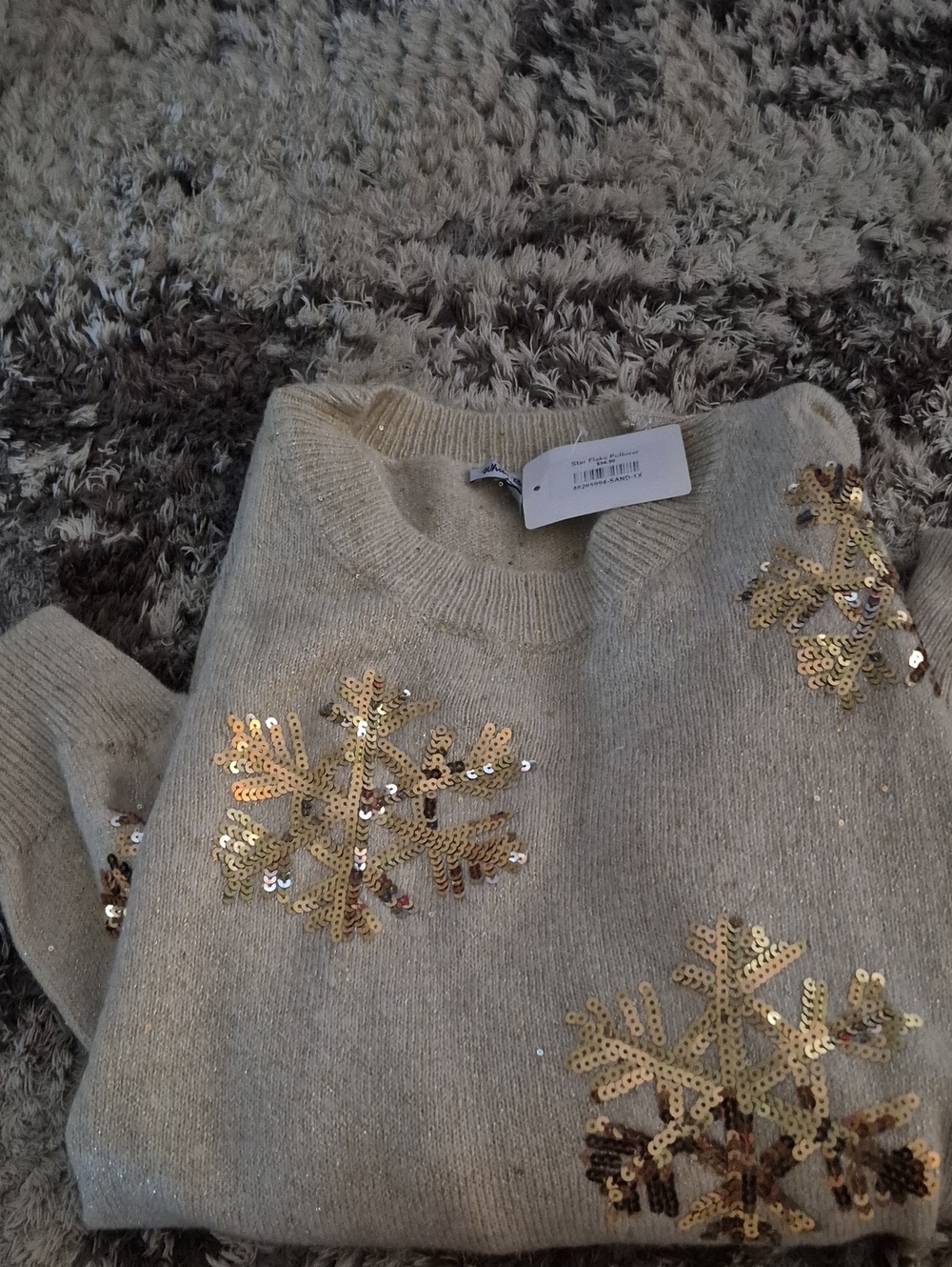 white birch Beige Crewneck Sweater with Gold Sequin Snowflakes